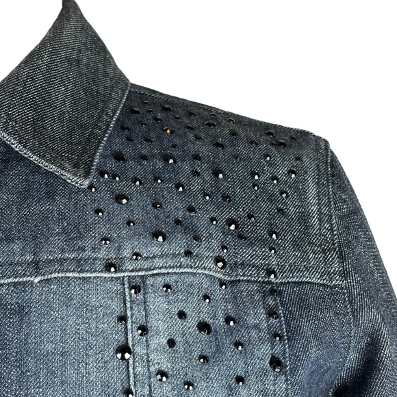 Chico’s Platinum Black Denim Distressed Jacket Black Rhinestones Size Small NEW - Picture 11 of 14